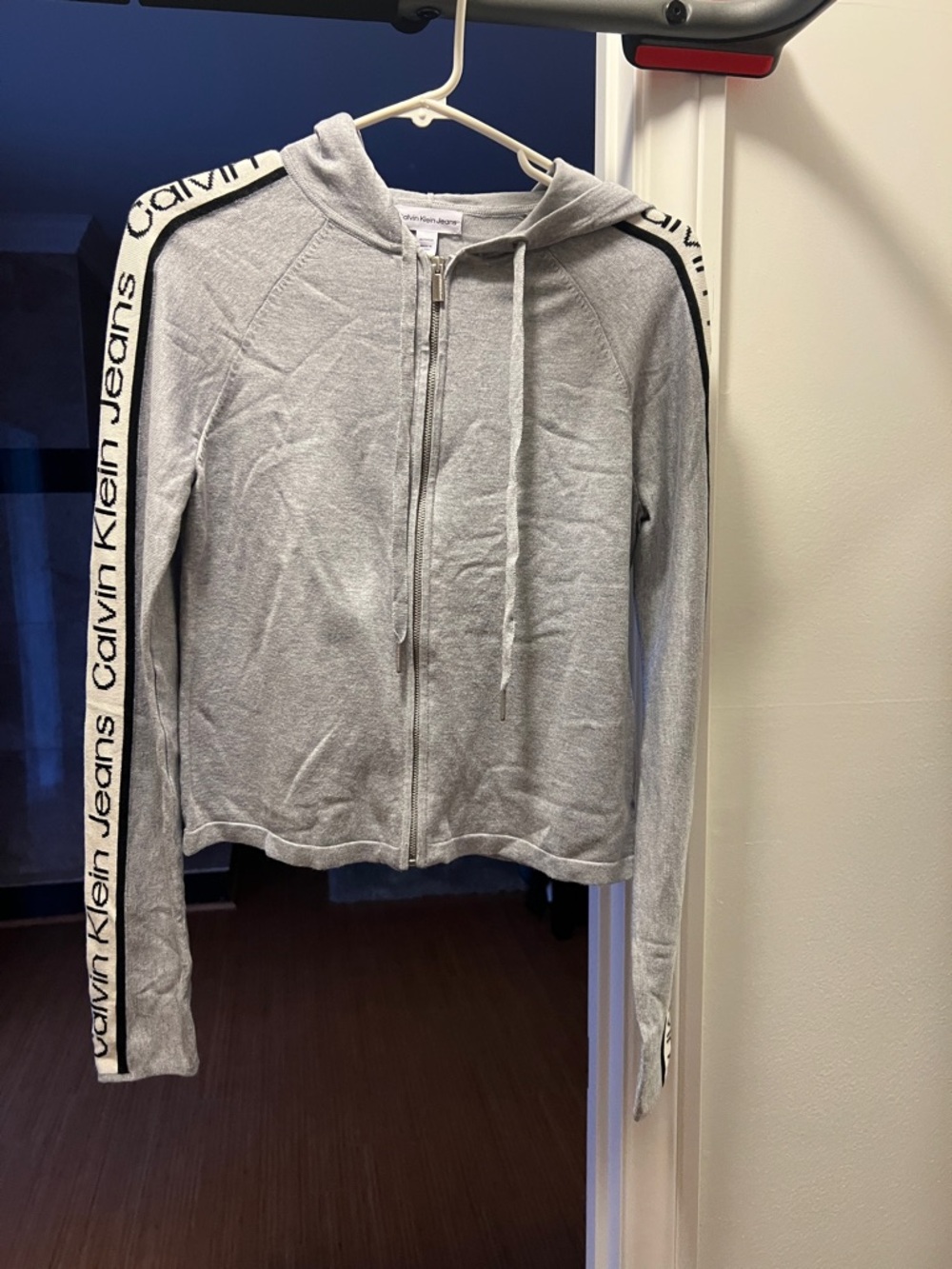 Calvin Klein Jeans Light Gray Zip Hoodie with Logo Tape